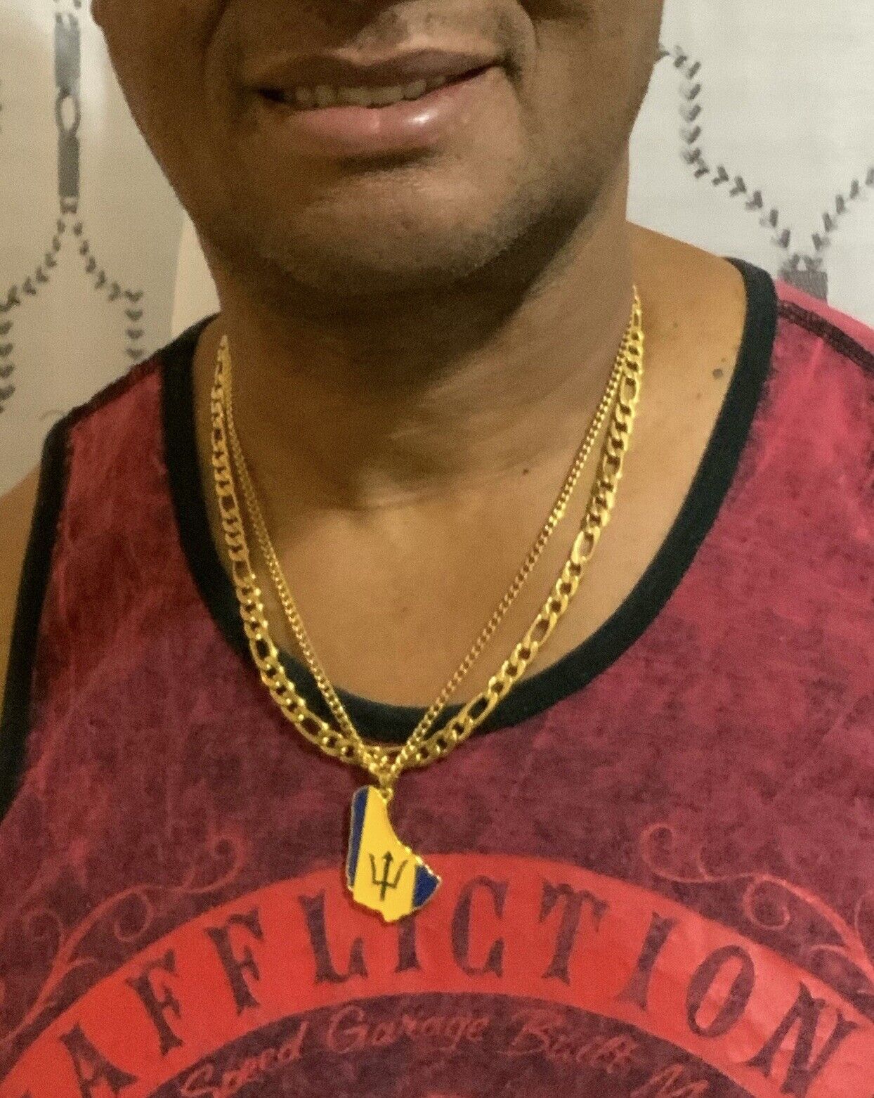 Barbados country-shaped necklace crafted from zinc alloy metal. Gold color