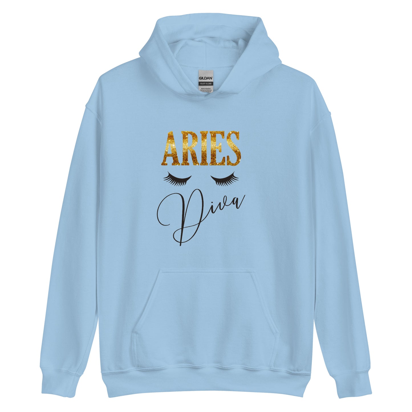 Light blue. Unisex heavy blend hoodie. Aries Diva.