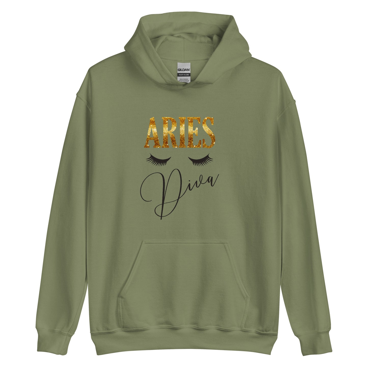Army green. Unisex heavy blend hoodie. Aries Diva.
