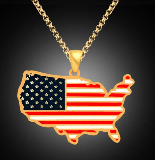 Necklace, stainless steel American flag-tarnished resistant, gold color.