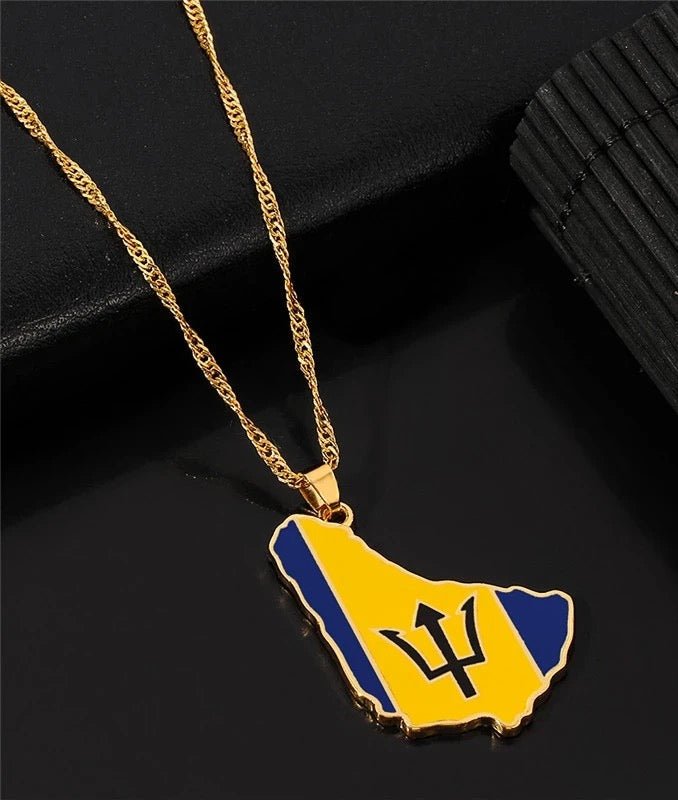 Barbados country-shaped necklace crafted from zinc alloy metal. Gold color