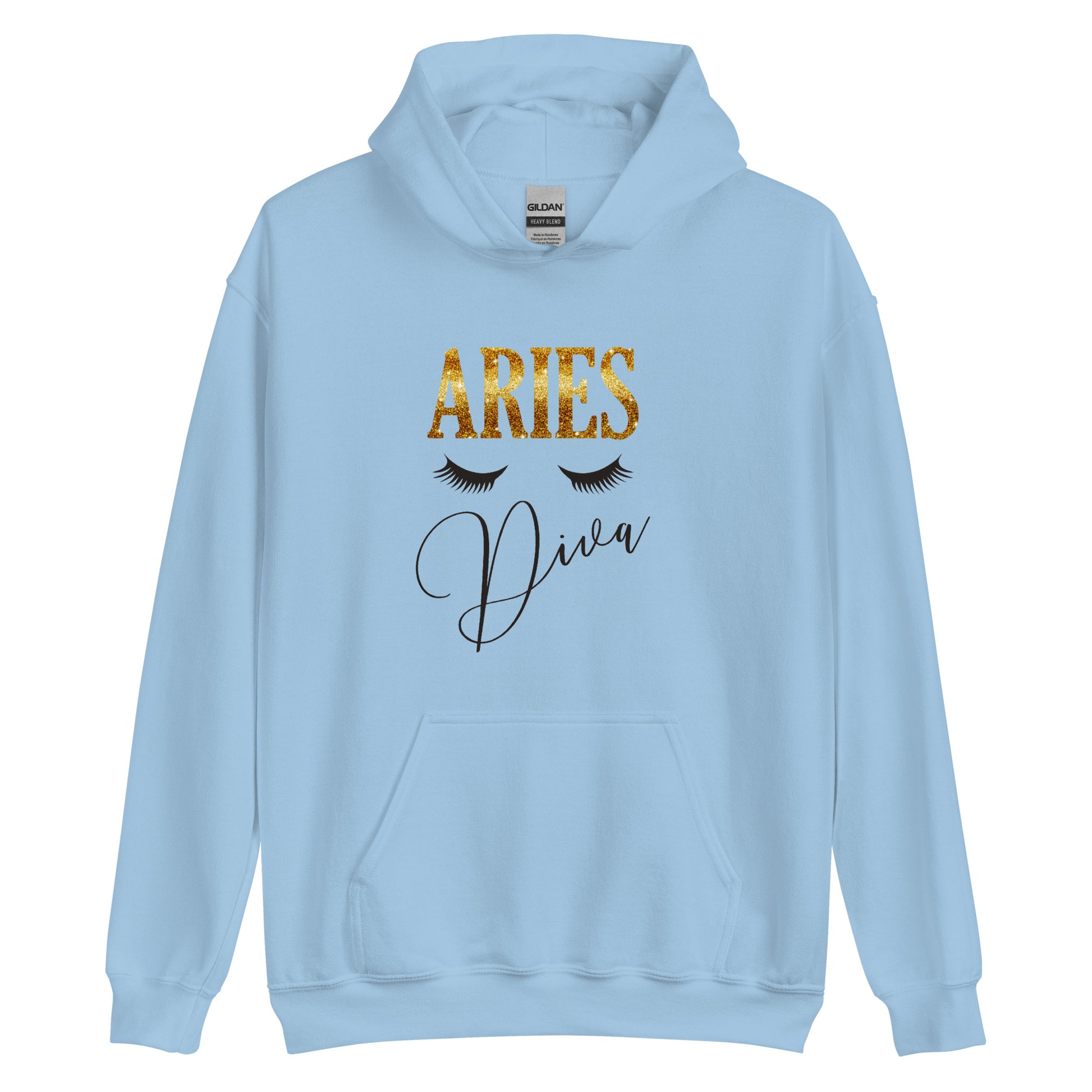 Light blue. Unisex heavy blend hoodie. Aries Diva.